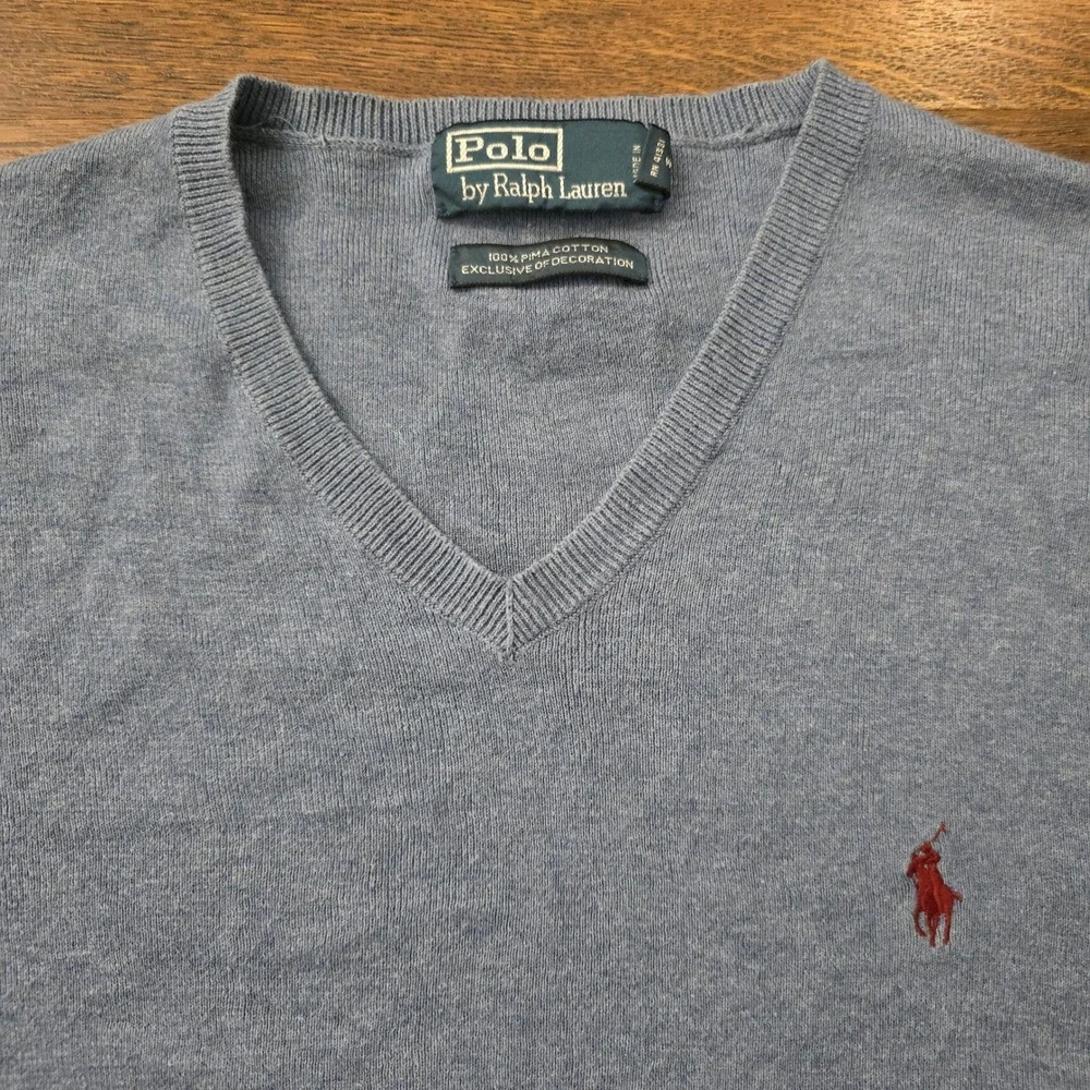 Polo Ralph Lauren Mens Blue Pima Cotton V-Neck Sweater Red Pony Logo Size M